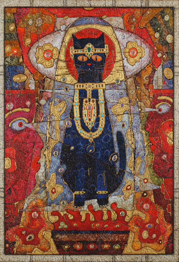 Д.Н. Санджиев. Пришедшая богиня Баст. 1996. Дерево, левкас, авторская техника, драгоценные камни, сусальное золото. 200х140. Собственность автора.