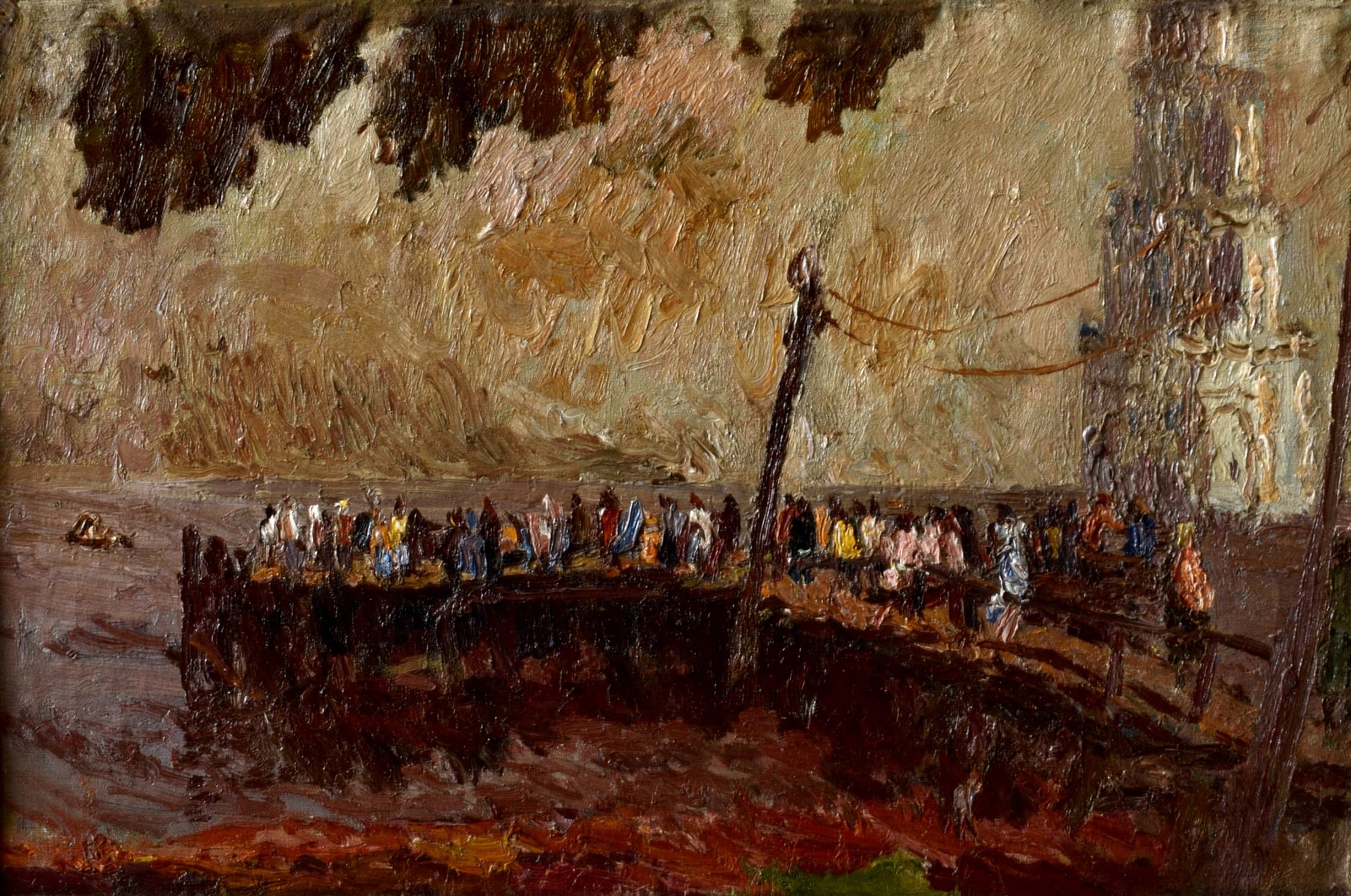 Н.Т.Тужилин. Причал. Колокольня в Калязине. 1970. холст, масло, 50х75. Собственность автора